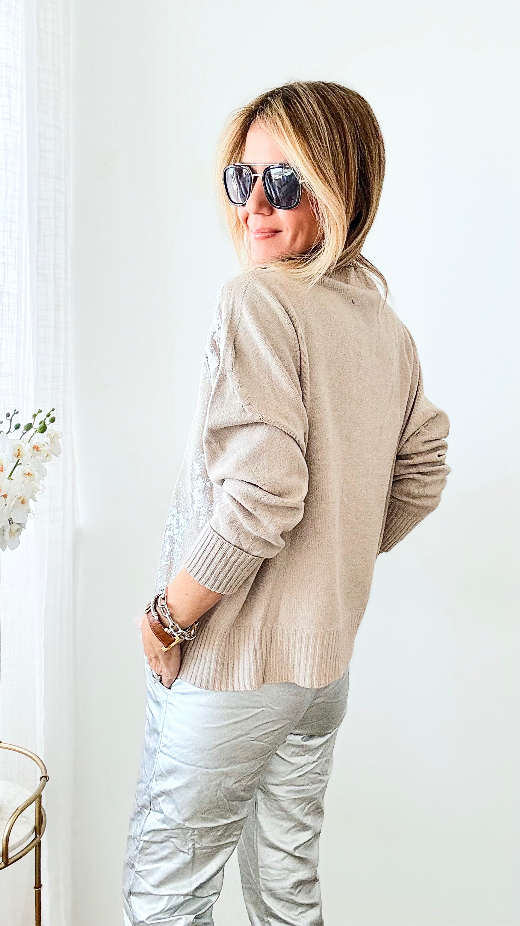 Boatneck Italian Silver Foil Sweater-140 Sweaters-Look Mode-Coastal Bloom Boutique, find the trendiest versions of the popular styles and looks Located in Indialantic, FL