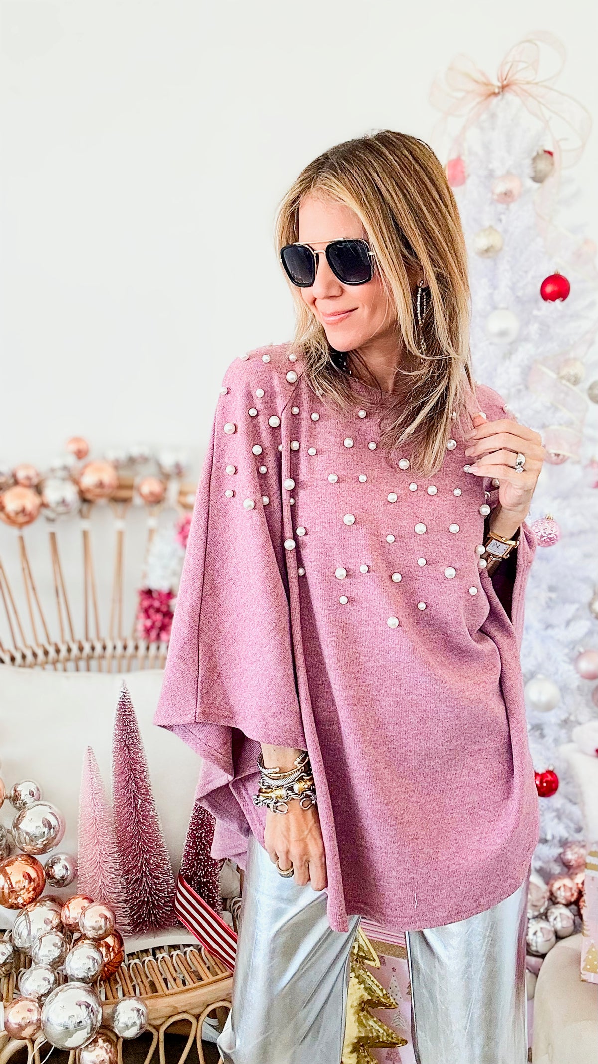 Knit Pearl Poncho - Pink-150 Cardigans/Layers-Joh Apparel-Coastal Bloom Boutique, find the trendiest versions of the popular styles and looks Located in Indialantic, FL