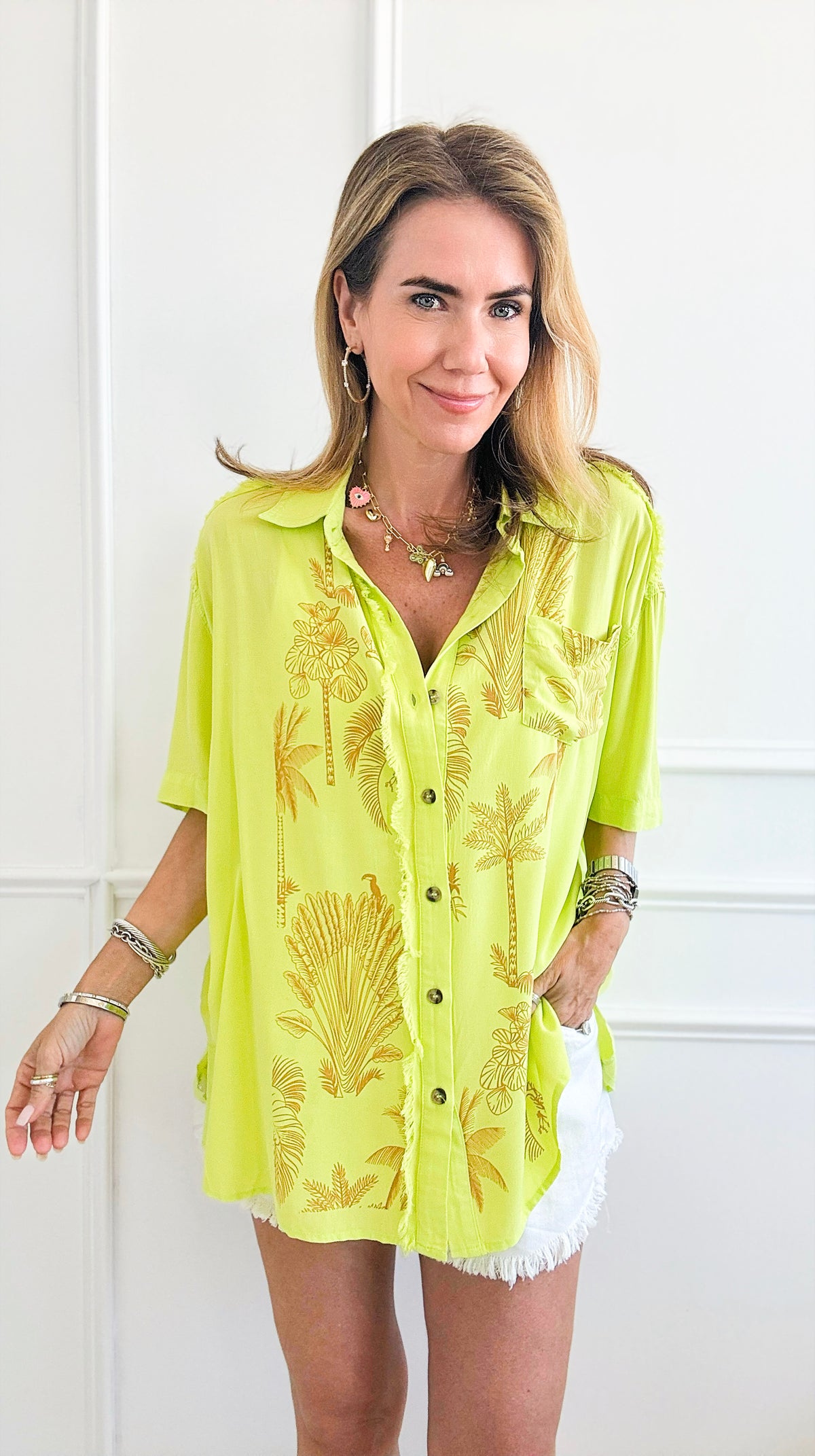 Hawaiian Printed Button Down Top-Lime-110 Short Sleeve Tops-Easel-Coastal Bloom Boutique, find the trendiest versions of the popular styles and looks Located in Indialantic, FL