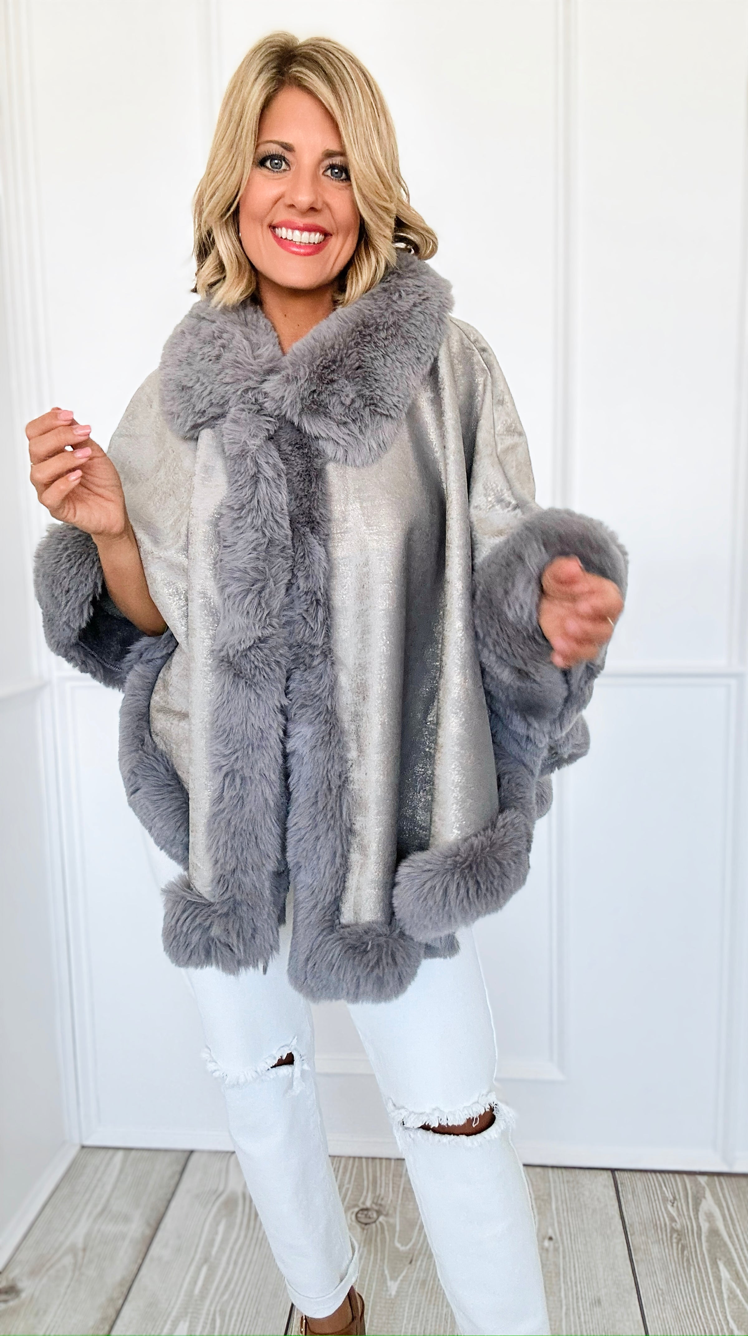 Golden Hour Glam Cape - Grey-160 Jackets-Original USA-Coastal Bloom Boutique, find the trendiest versions of the popular styles and looks Located in Indialantic, FL