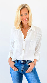 Effortless Edge Frayed Blouse Top - White-110 Long Sleeve Tops-Zenana-Coastal Bloom Boutique, find the trendiest versions of the popular styles and looks Located in Indialantic, FL