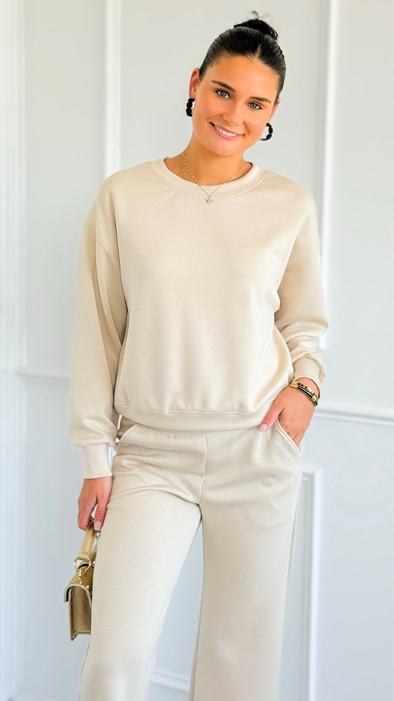 Weekender Ease Scuba 2pc Pant Set - Oatmeal-210 Loungewear/Sets-YELETE-Coastal Bloom Boutique, find the trendiest versions of the popular styles and looks Located in Indialantic, FL