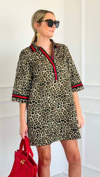 Contrast Trim Leopard Print Tunic Dress
