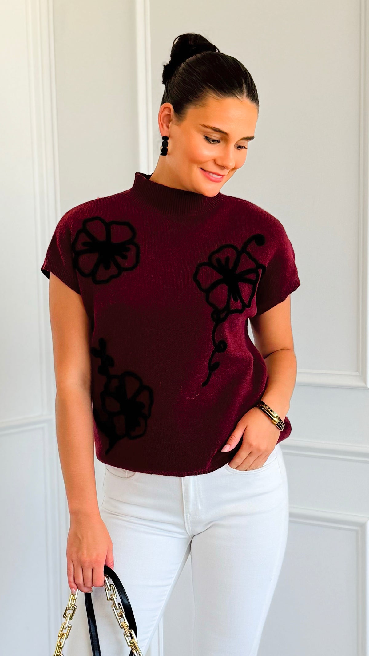 Floral Trim Knit Sleeveless Sweater - Burgundy-140 Sweaters-Blu Pepper-Coastal Bloom Boutique, find the trendiest versions of the popular styles and looks Located in Indialantic, FL