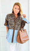 Leopard & Lines Button-Up Italian Blouse-110 Long Sleeve Tops-TATTOO Z-Coastal Bloom Boutique, find the trendiest versions of the popular styles and looks Located in Indialantic, FL