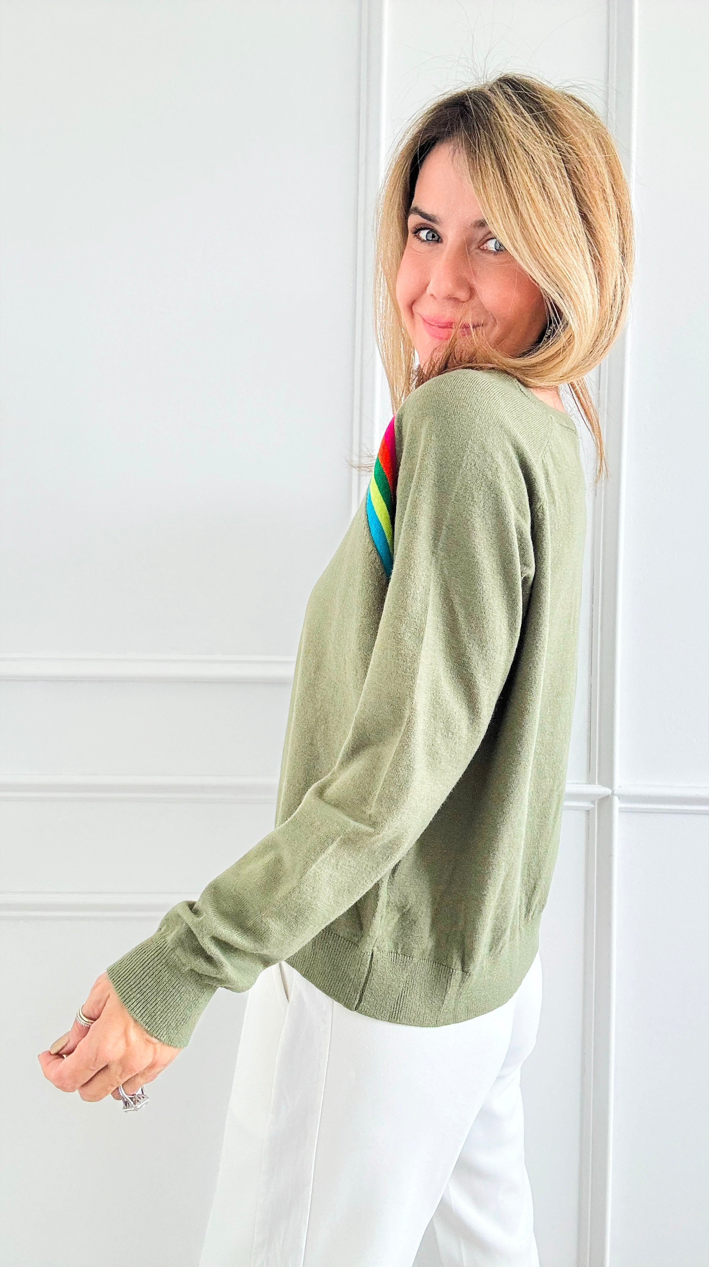 Rainbow Stripe Sweatshirt - Olive-130 Long Sleeve Tops-Gold & Silver Paris-Coastal Bloom Boutique, find the trendiest versions of the popular styles and looks Located in Indialantic, FL