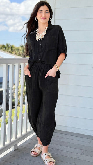 La Spezia Barrel Linen Italian Pant- Black