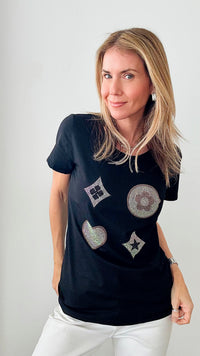 Clover & Heart Sequin Embellished Graphic Top - Black-110 Short Sleeve Tops-IN2YOU-Coastal Bloom Boutique, find the trendiest versions of the popular styles and looks Located in Indialantic, FL