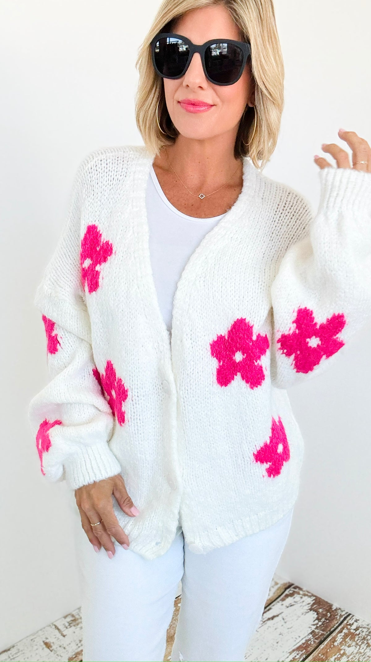 Flowers Pink Italian Cardigan-140 Sweaters-Italianissimo-Coastal Bloom Boutique, find the trendiest versions of the popular styles and looks Located in Indialantic, FL