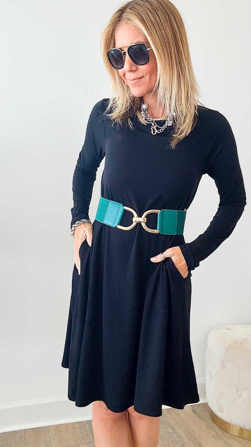 Long Sleeve Flare Dress w Pockets - Black-200 Dresses/Jumpsuits/Rompers-Zenana-Coastal Bloom Boutique, find the trendiest versions of the popular styles and looks Located in Indialantic, FL