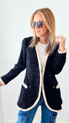 Shimmer Tweed Double Button Blazer-160 Jackets-Blue Blush-Coastal Bloom Boutique, find the trendiest versions of the popular styles and looks Located in Indialantic, FL