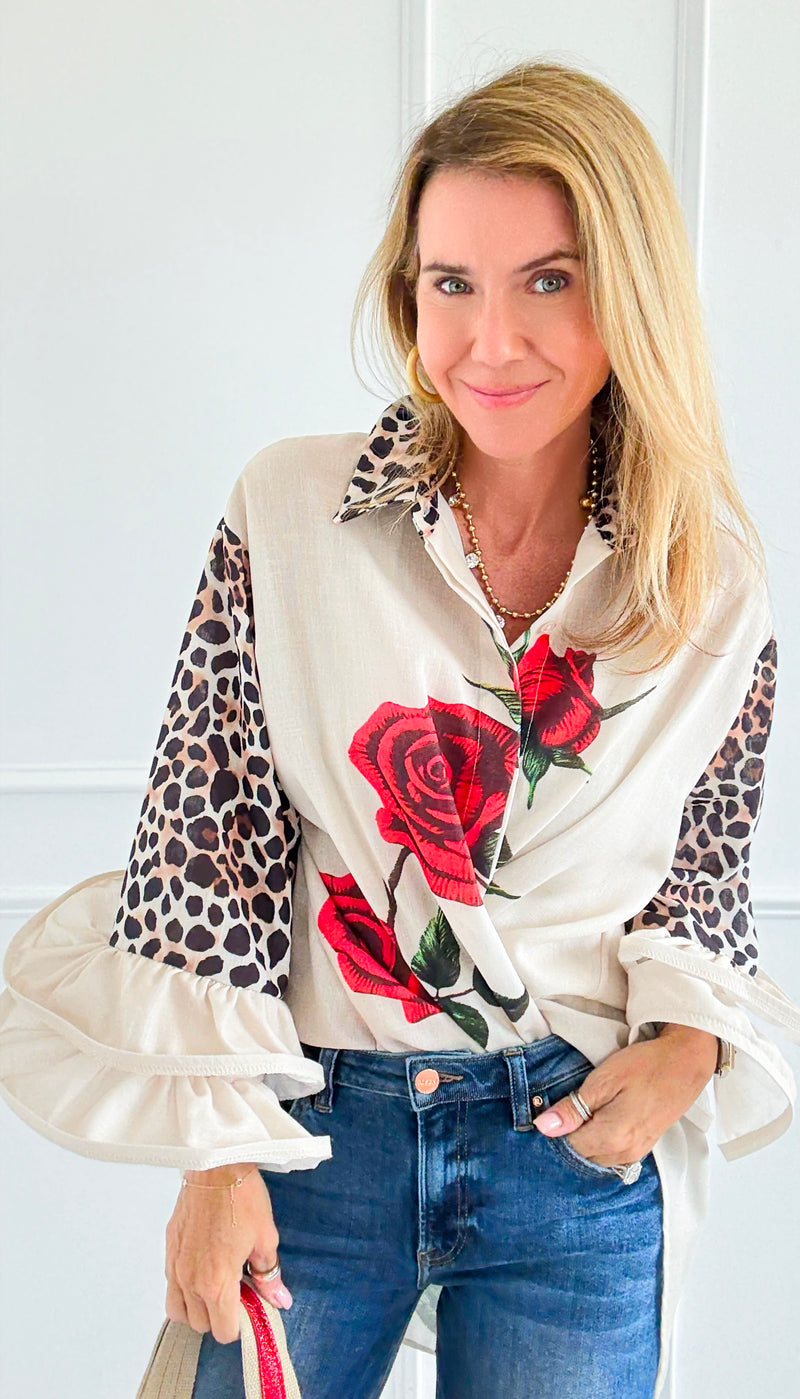 Wild Roses Ruffle Bell Sleeve Italian Blouse-130 Long sleeve top-Italianissimo-Coastal Bloom Boutique, find the trendiest versions of the popular styles and looks Located in Indialantic, FL