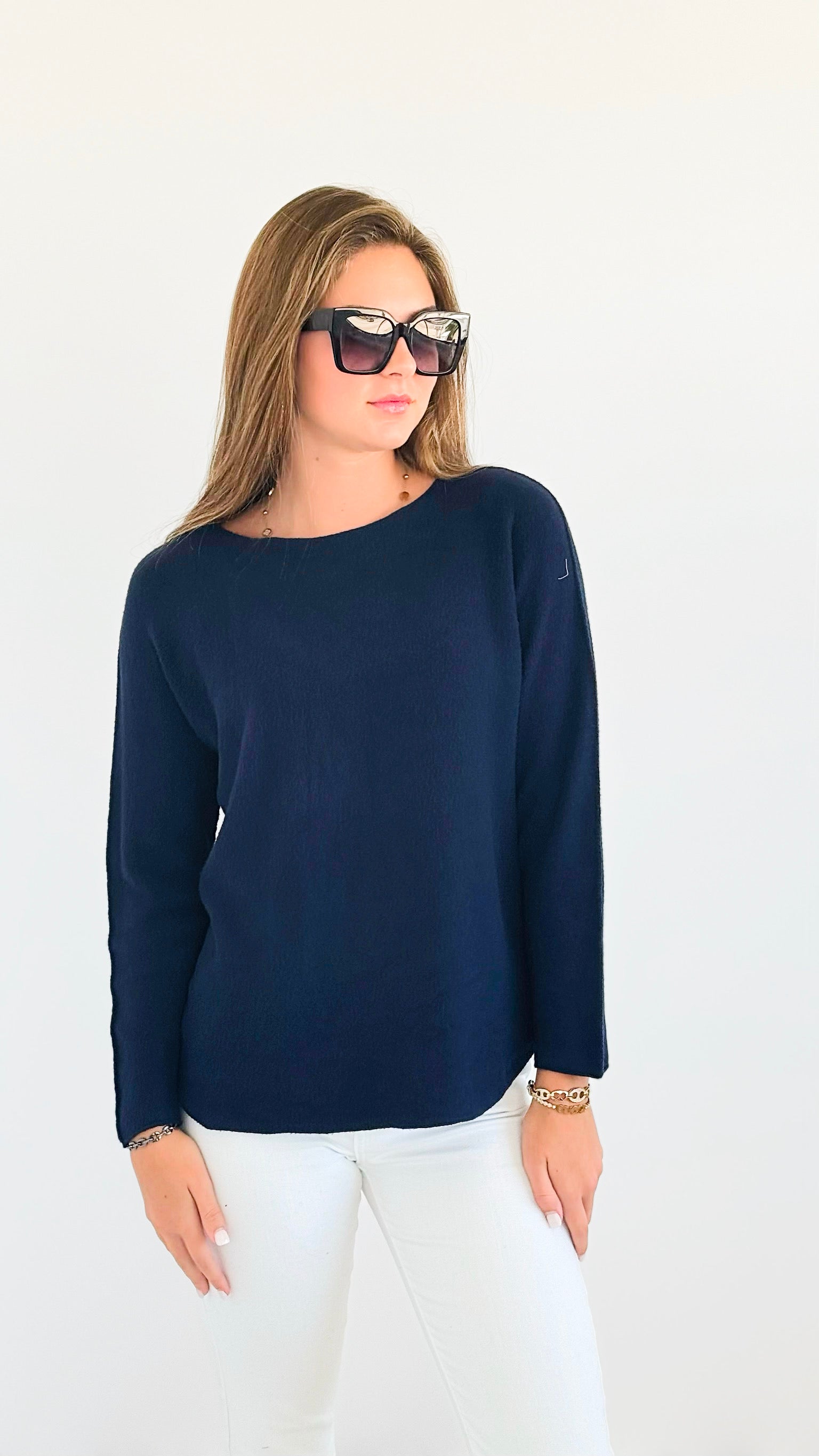 Soho Italian Boatneck Pullover - Navy-140 Sweaters-Italianissimo-Coastal Bloom Boutique, find the trendiest versions of the popular styles and looks Located in Indialantic, FL