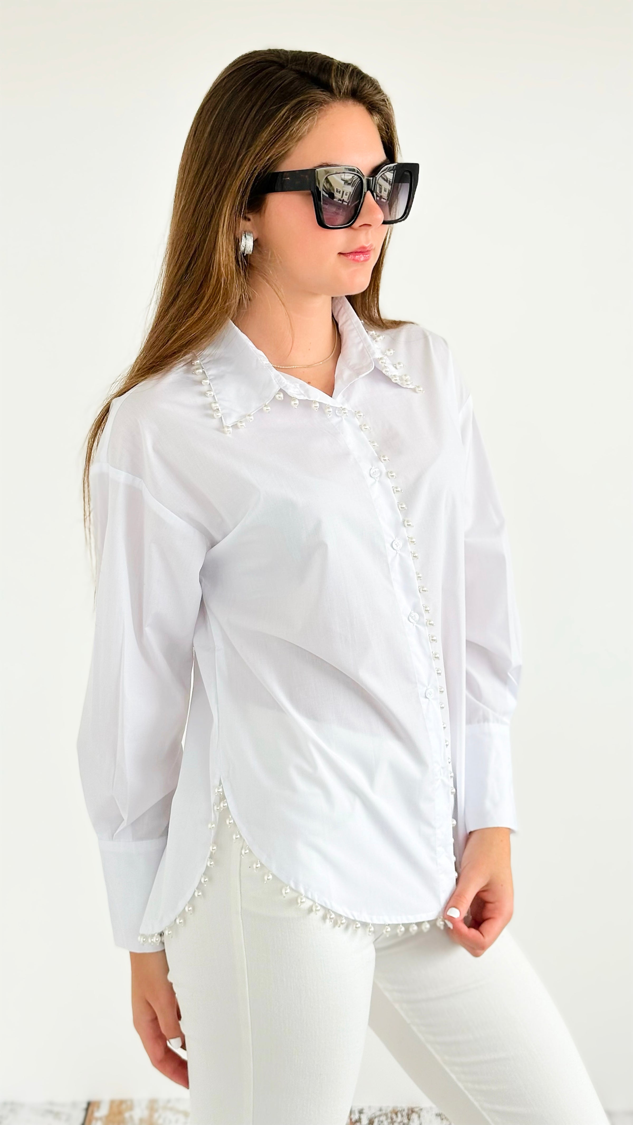 Pearl Edge Poplin Blouse - White-130 Long Sleeve Tops-KIWI-Coastal Bloom Boutique, find the trendiest versions of the popular styles and looks Located in Indialantic, FL