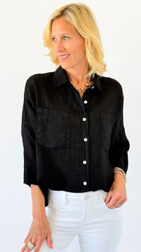 Pure Breeze Linen Italian Button Top- Black-110 short Sleeve Top-Italianissimo-Coastal Bloom Boutique, find the trendiest versions of the popular styles and looks Located in Indialantic, FL
