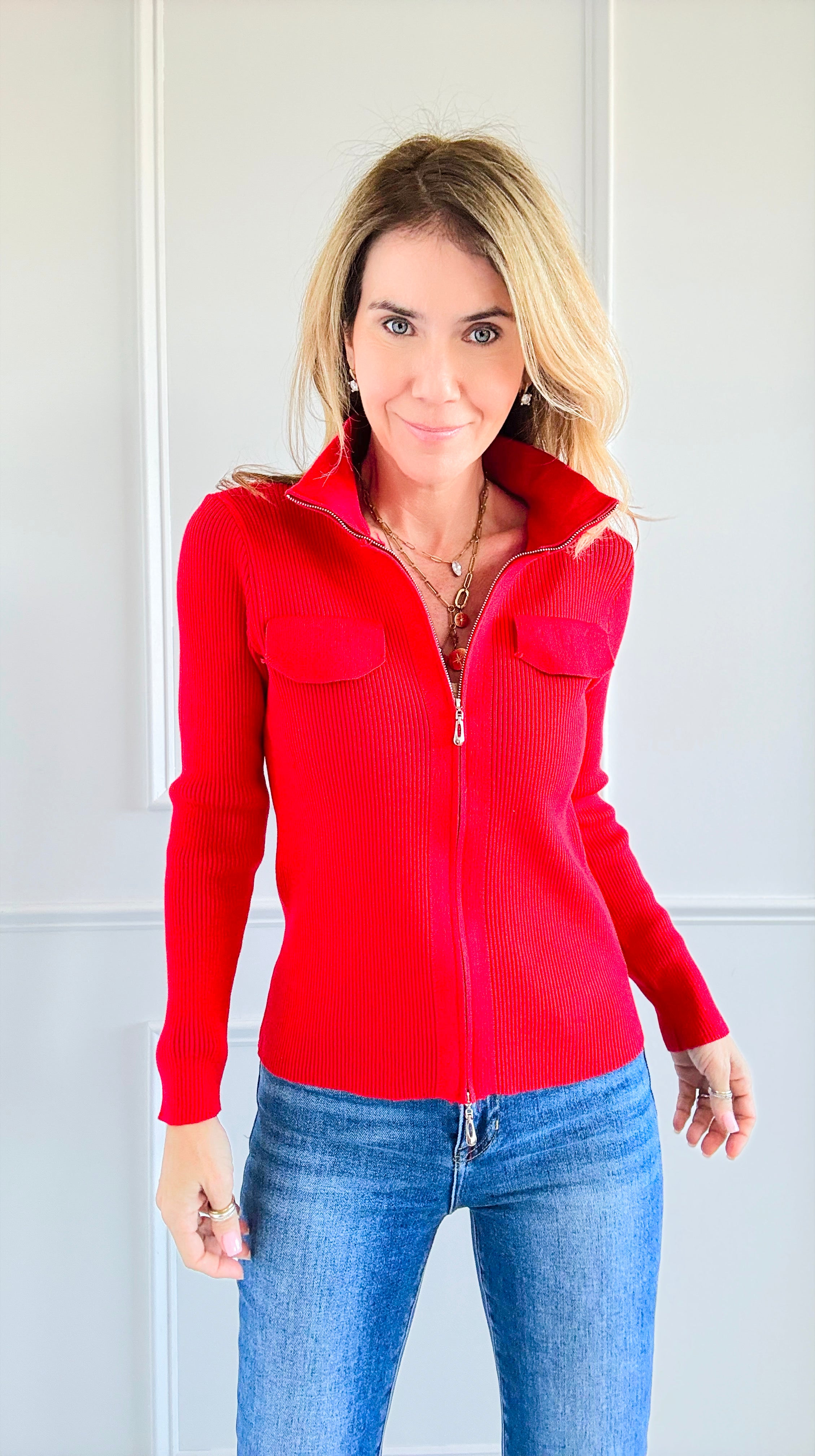 Bold Elegance Zip-Up Knit Top - Red-130 Long Sleeve Tops-Chasing Bandits-Coastal Bloom Boutique, find the trendiest versions of the popular styles and looks Located in Indialantic, FL