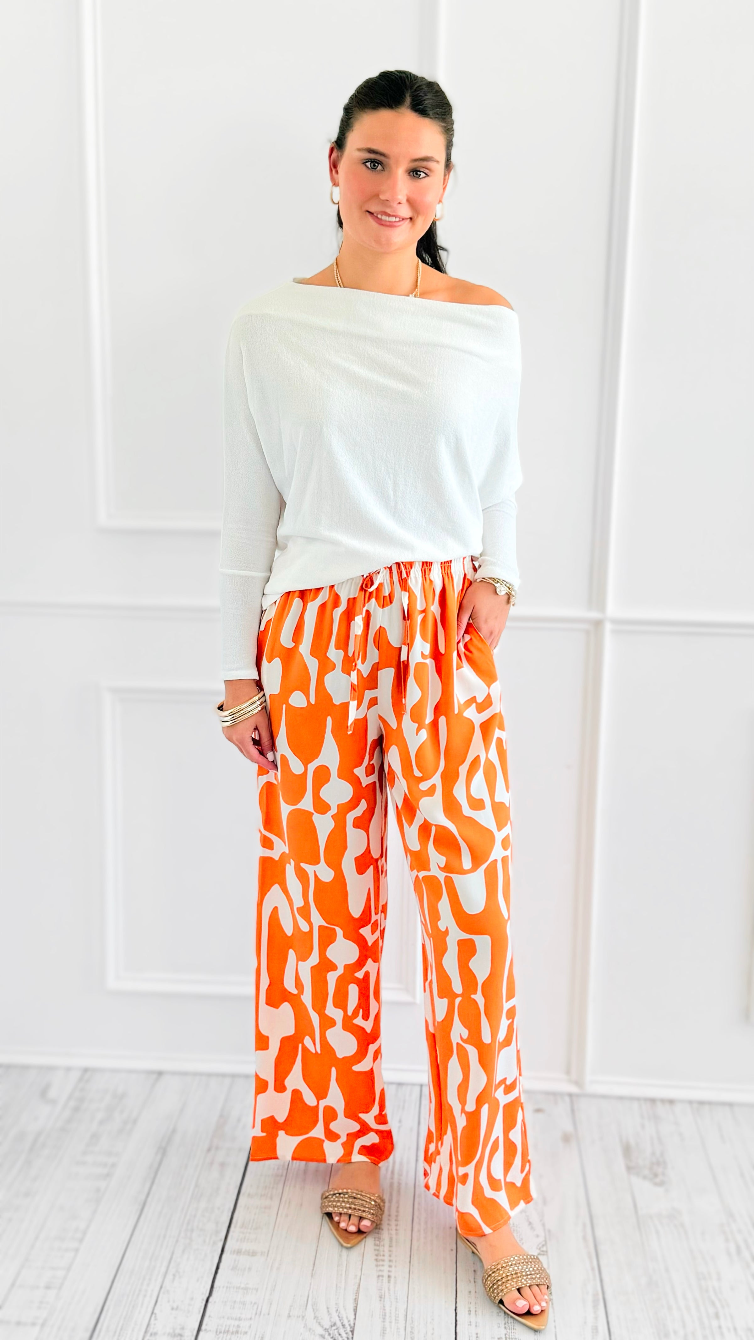 Tropic Whispers Wide Leg Pants - Orange-170 Bottoms-GIGIO-Coastal Bloom Boutique, find the trendiest versions of the popular styles and looks Located in Indialantic, FL