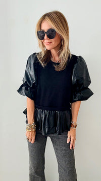 Puff Sleeve Mixed Media Top-110 Short Sleeve Tops-T H M L-Coastal Bloom Boutique, find the trendiest versions of the popular styles and looks Located in Indialantic, FL