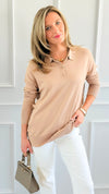 Polished Collar Knit Polo Top - Taupe-130 Long Sleeve Tops-ROUSSEAU-Coastal Bloom Boutique, find the trendiest versions of the popular styles and looks Located in Indialantic, FL