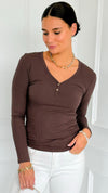 Button Me Up Ribbed Top - Brown-130 Long Sleeve Tops-YELETE-Coastal Bloom Boutique, find the trendiest versions of the popular styles and looks Located in Indialantic, FL
