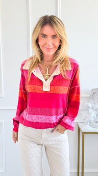 Sunset Stripes Polo Top-110 Long Sleeve Tops-ROUSSEAU-Coastal Bloom Boutique, find the trendiest versions of the popular styles and looks Located in Indialantic, FL