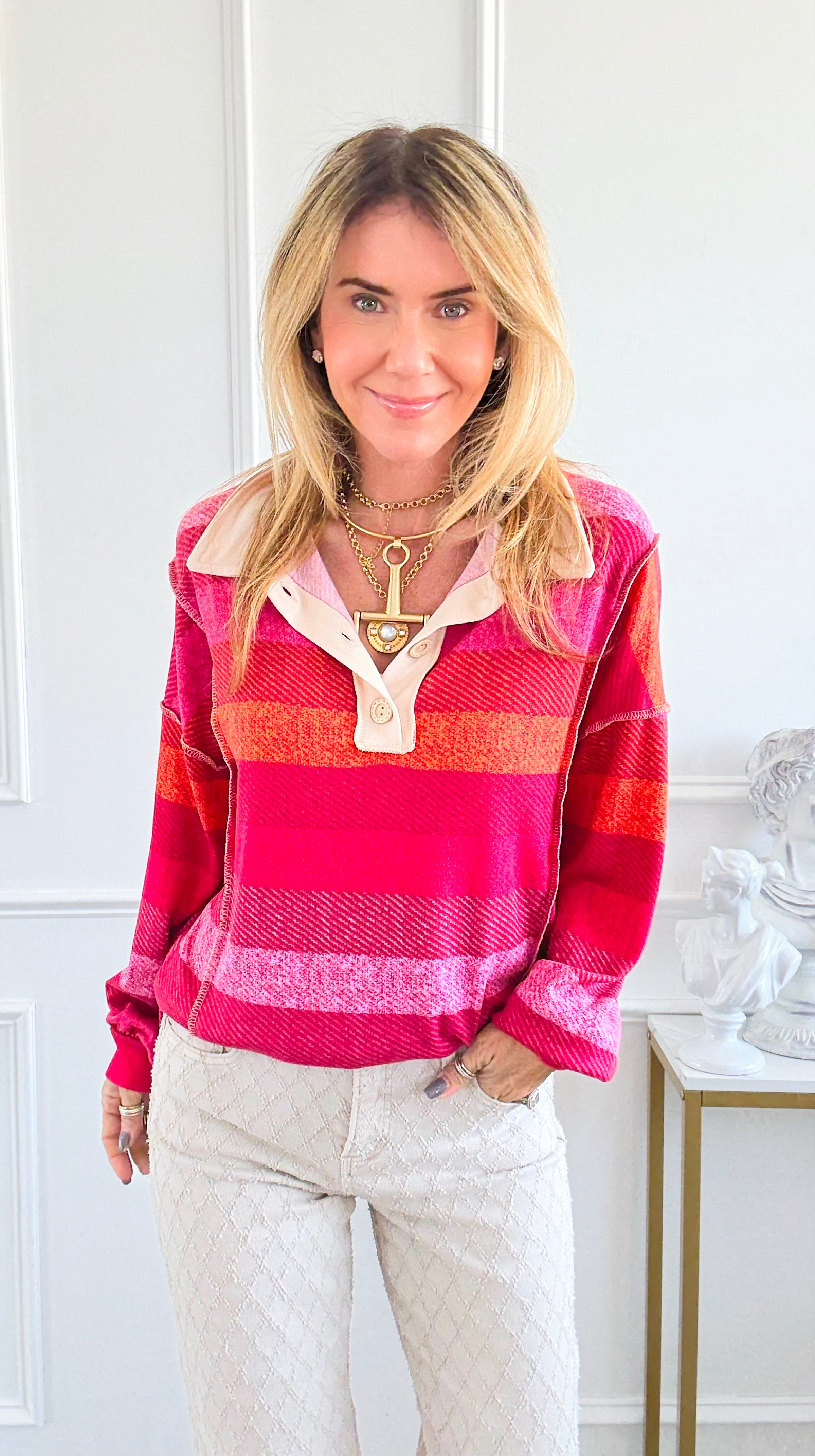 Sunset Stripes Polo Top-110 Long Sleeve Tops-ROUSSEAU-Coastal Bloom Boutique, find the trendiest versions of the popular styles and looks Located in Indialantic, FL