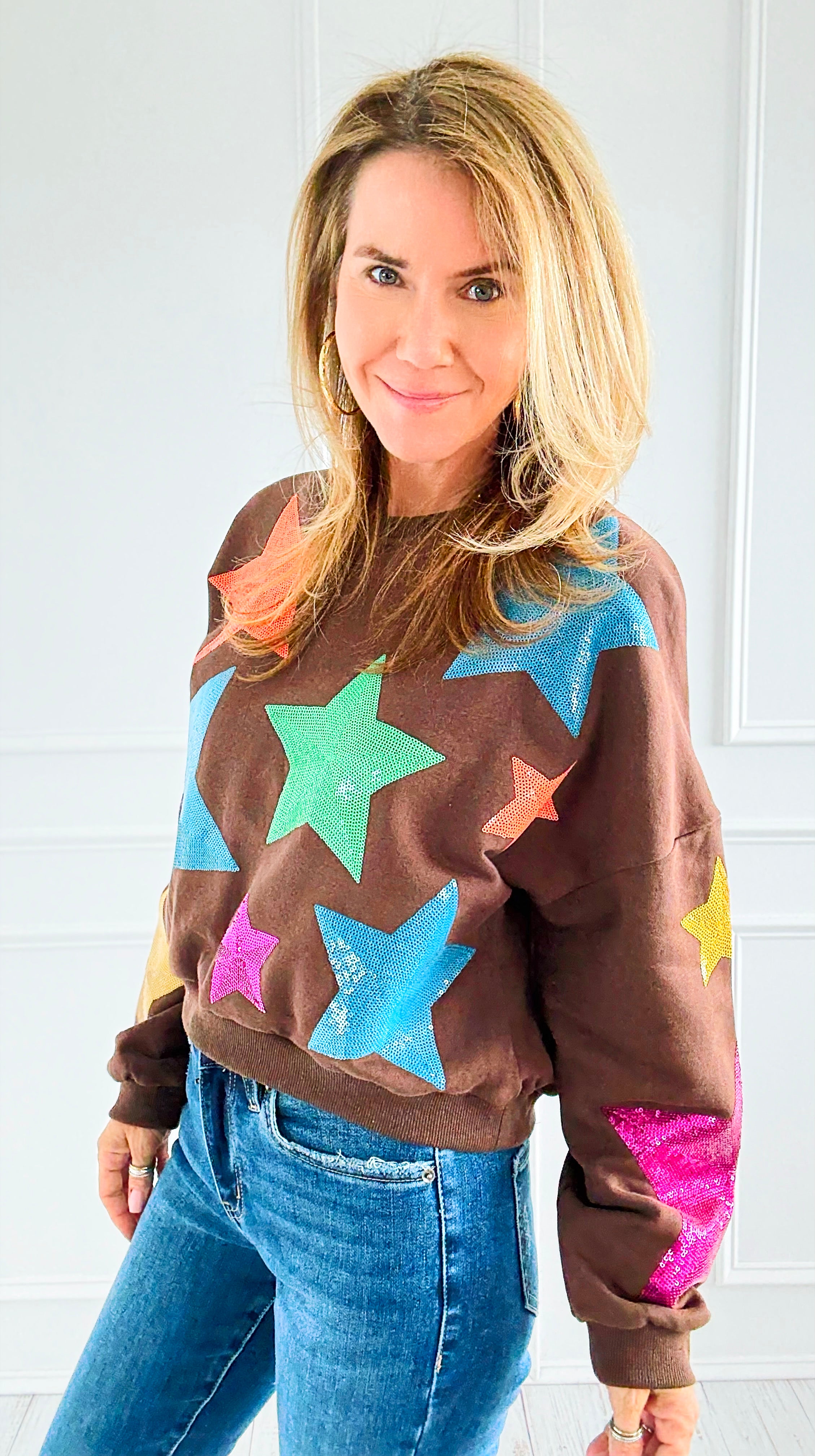 Starlight Pop Cropped Sweatshirt-110 Long Sleeve Tops-Blue Velvet-Coastal Bloom Boutique, find the trendiest versions of the popular styles and looks Located in Indialantic, FL