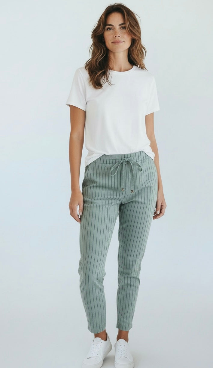 Easy Motion Stripe Italian Jogger- Sage-100 Pants-LY PARIS-Coastal Bloom Boutique, find the trendiest versions of the popular styles and looks Located in Indialantic, FL