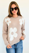 Flower Print Drop Sleeve Sweater - Beige-140 Sweaters-Miracle-Coastal Bloom Boutique, find the trendiest versions of the popular styles and looks Located in Indialantic, FL