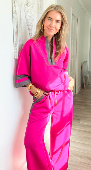 Contrast Stripe Wide Leg Pants - Magenta