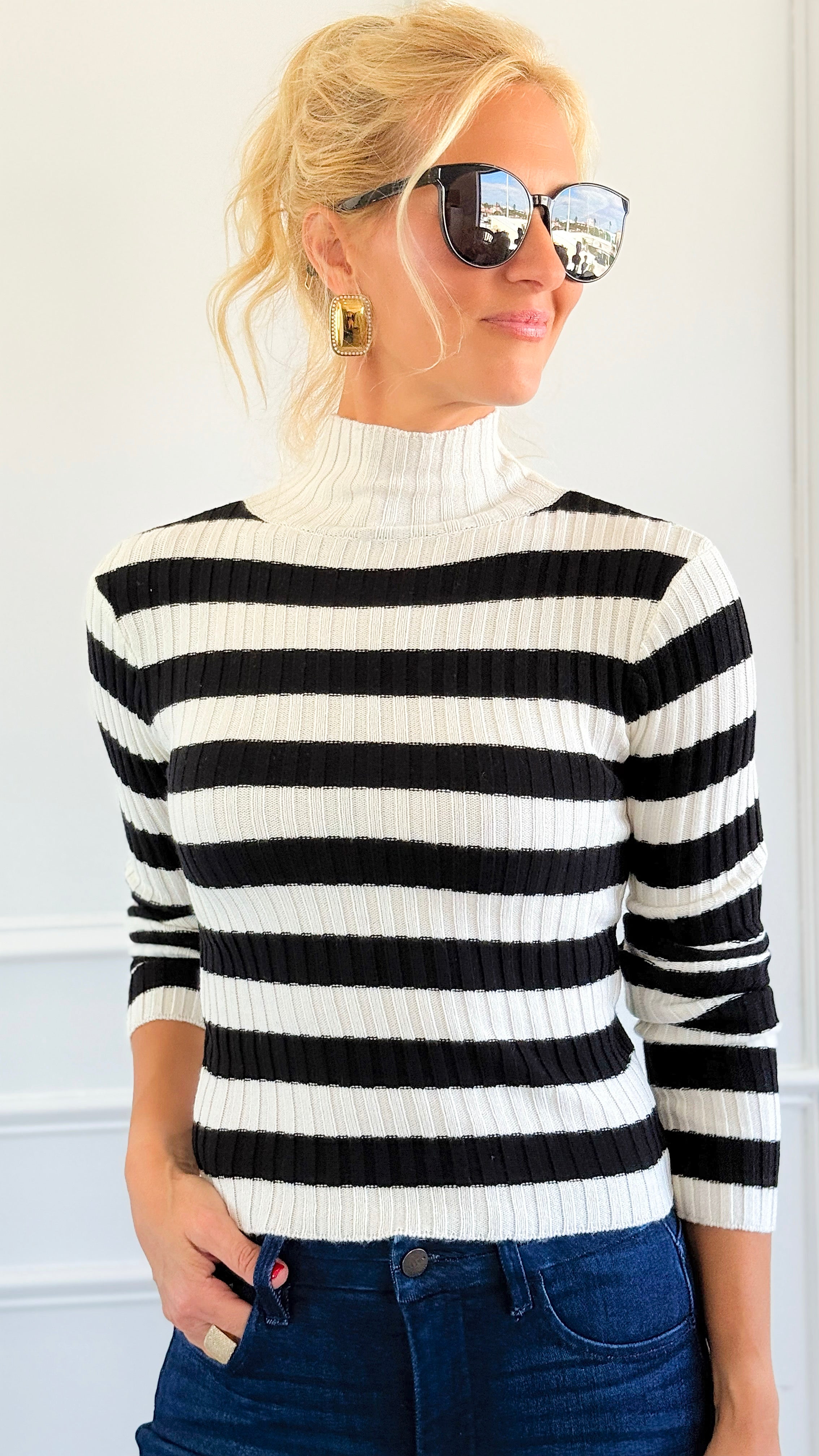 Long Sleeve Ribbed Stripe Sweater - Ivory/Black-140 Sweaters-Active Basic-Coastal Bloom Boutique, find the trendiest versions of the popular styles and looks Located in Indialantic, FL