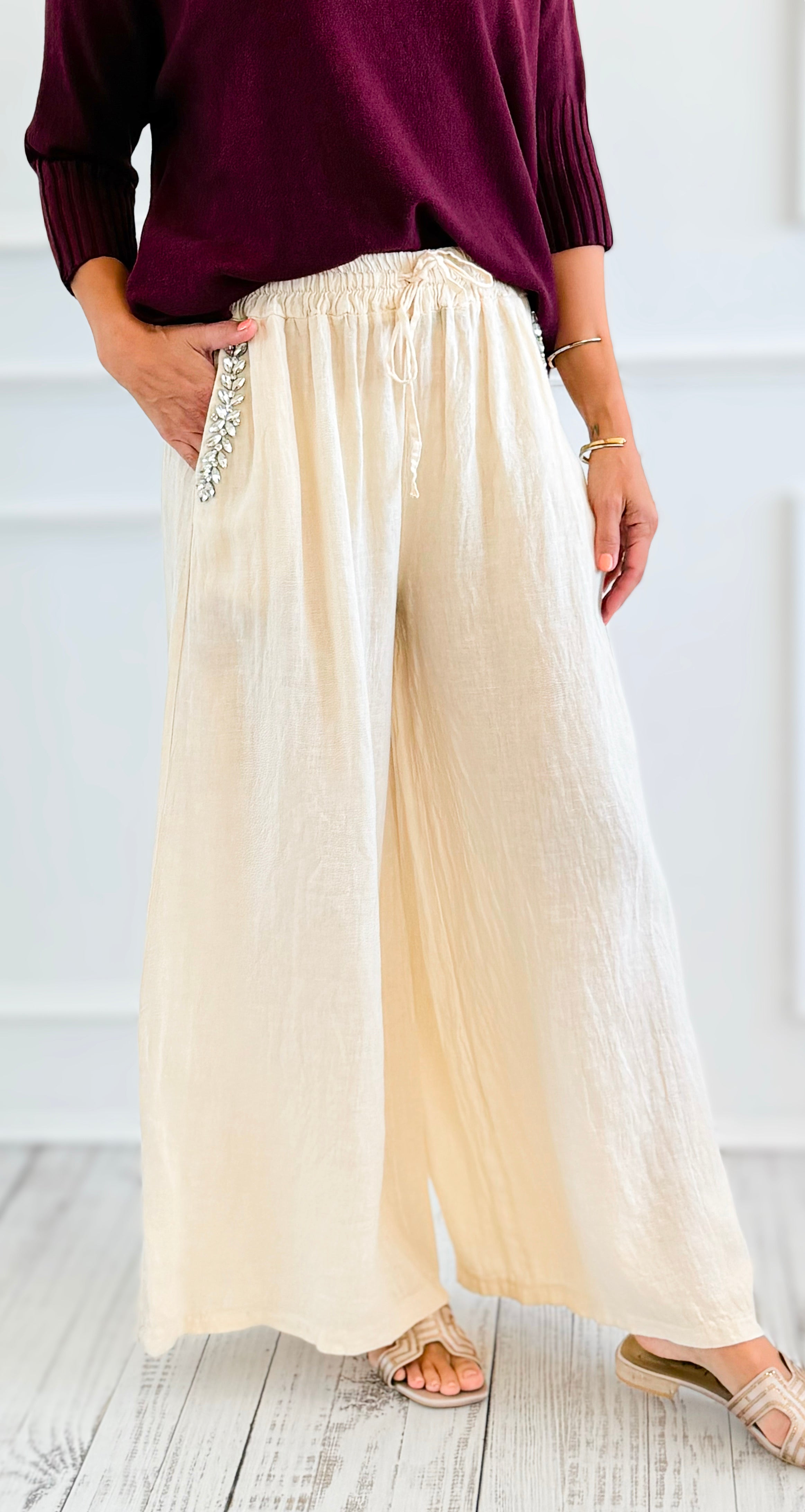 Ease Embellished Linen Italian Relaxed Pant- Cream-100 Pants-TATTOO Z-Coastal Bloom Boutique, find the trendiest versions of the popular styles and looks Located in Indialantic, FL