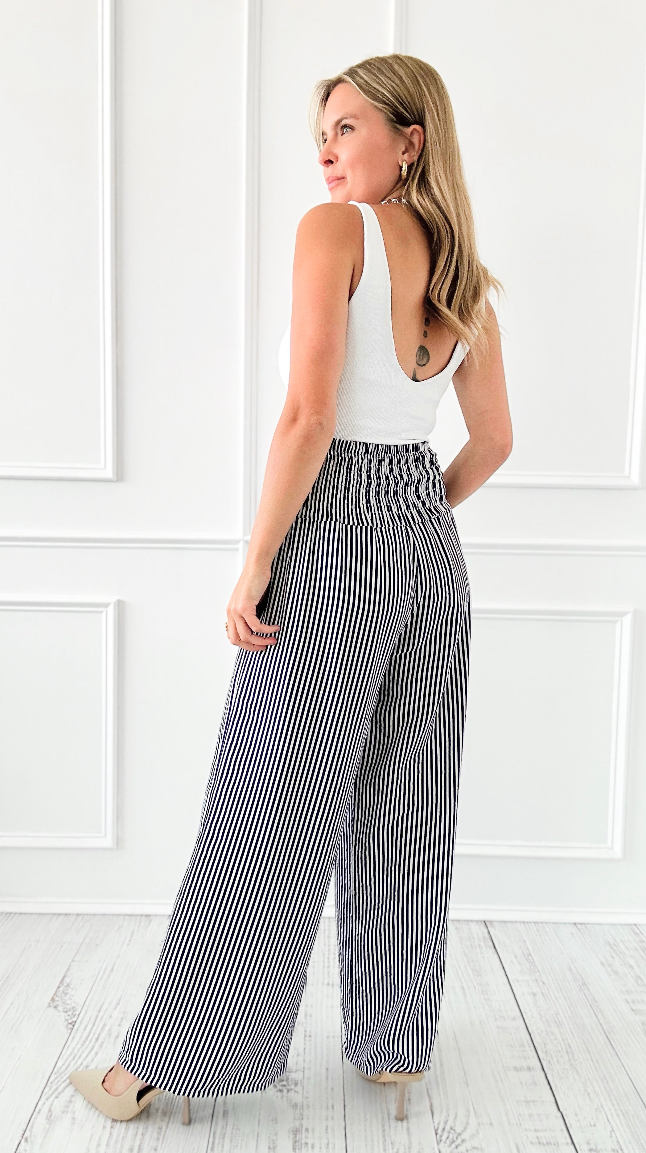 Stripe Front Bow Italian Pant-100 Pants-Italianissimo-Coastal Bloom Boutique, find the trendiest versions of the popular styles and looks Located in Indialantic, FL