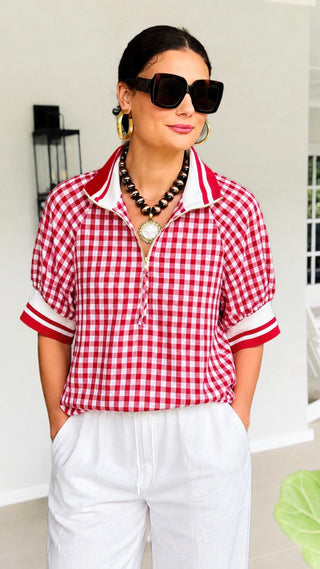 Gingham Striped Trim Quarter Zip Top