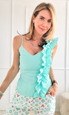 Solid One Shoulder Ruffled Top - Sky Blue-100 Sleeveless Tops-Nylon Apparel-Coastal Bloom Boutique, find the trendiest versions of the popular styles and looks Located in Indialantic, FL