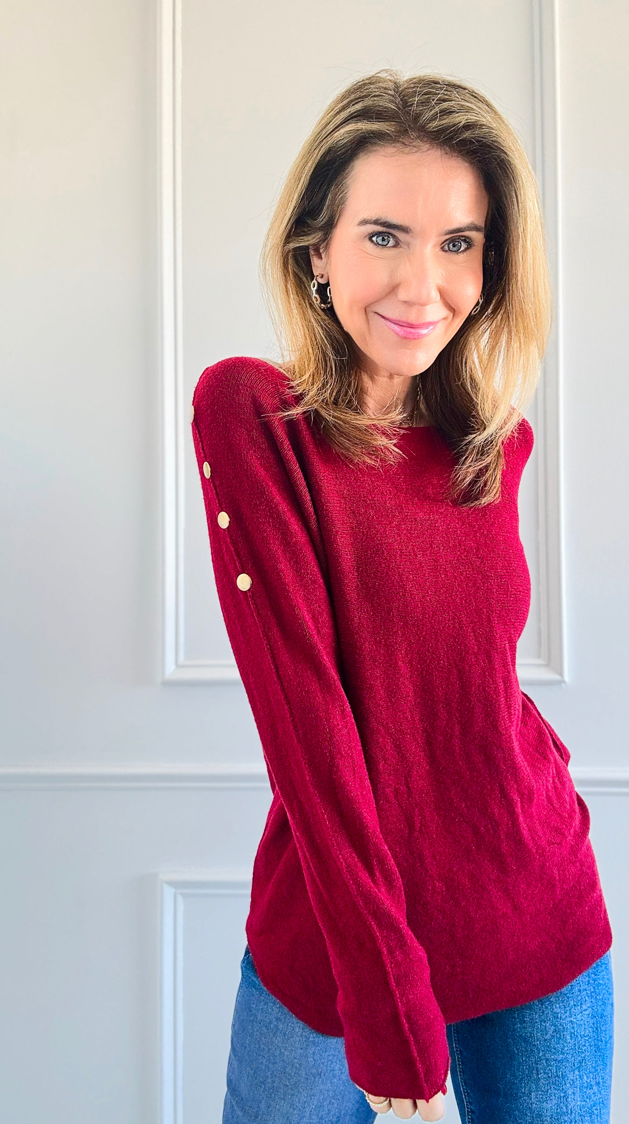 Luxe Shoulder Italian Knit Sweater- Burgundy-140 Sweaters-Italianissimo-Coastal Bloom Boutique, find the trendiest versions of the popular styles and looks Located in Indialantic, FL