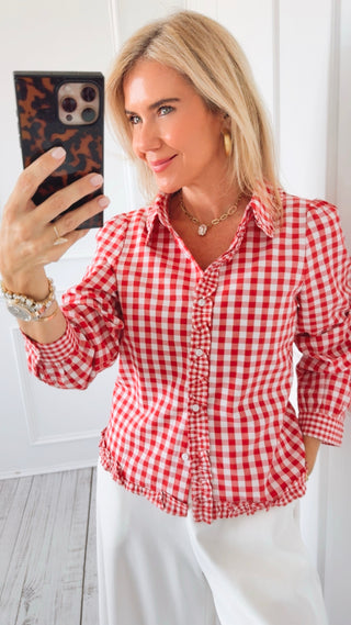 Gingham Ruffle Button Front Blouse