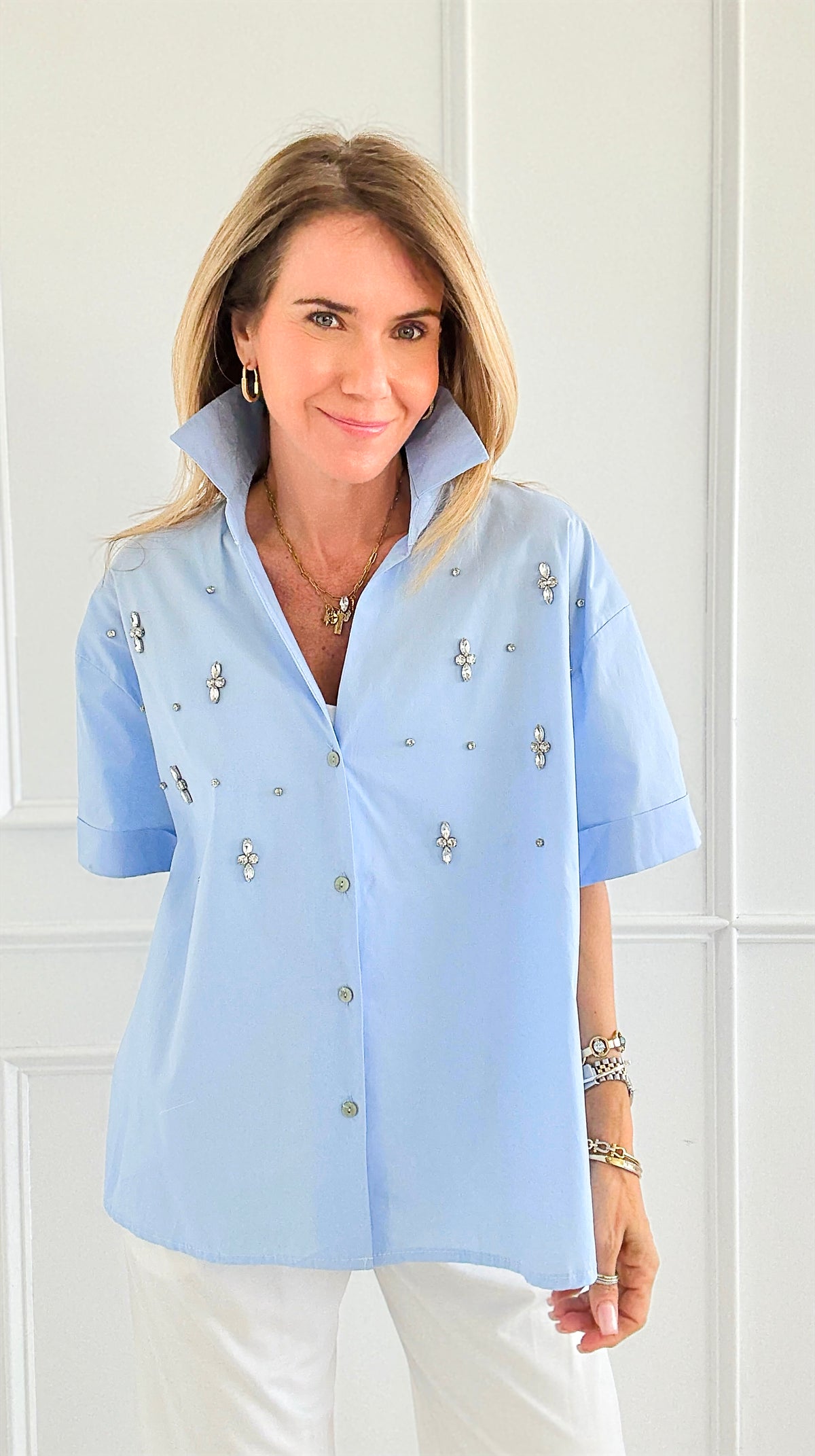 Starlight Scatter Italian Button Top- Sky Blue-170 bottoms-TATTOO Z-Coastal Bloom Boutique, find the trendiest versions of the popular styles and looks Located in Indialantic, FL