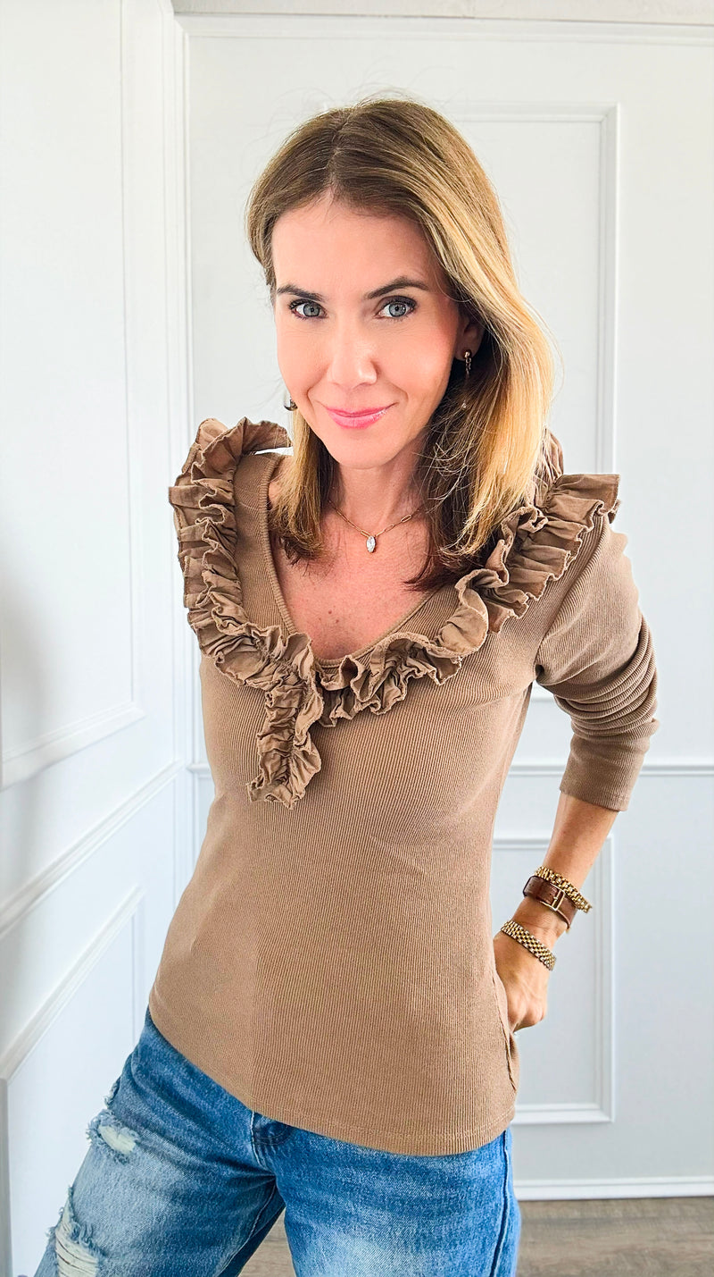 Whimsical Ruffle Italian Pullover- Camel-100 Sleeveless Tops-Italianissimo-Coastal Bloom Boutique, find the trendiest versions of the popular styles and looks Located in Indialantic, FL