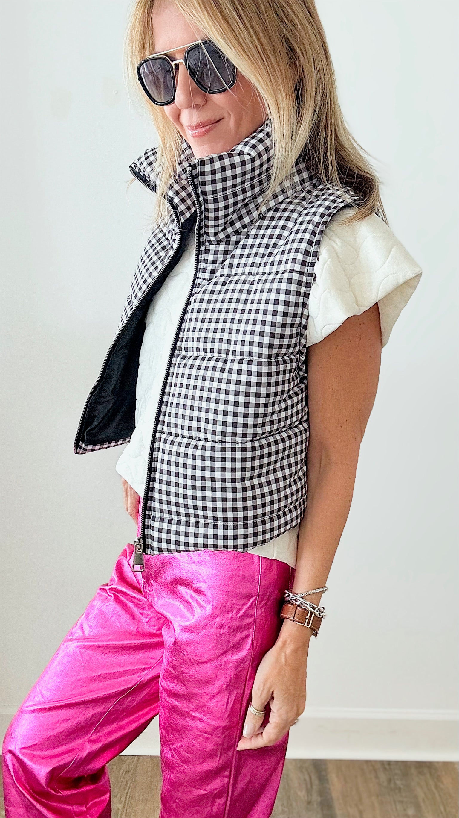 Plaid Italian Vest - Black/ White-150 Cardigan Layers-Italianissimo-Coastal Bloom Boutique, find the trendiest versions of the popular styles and looks Located in Indialantic, FL