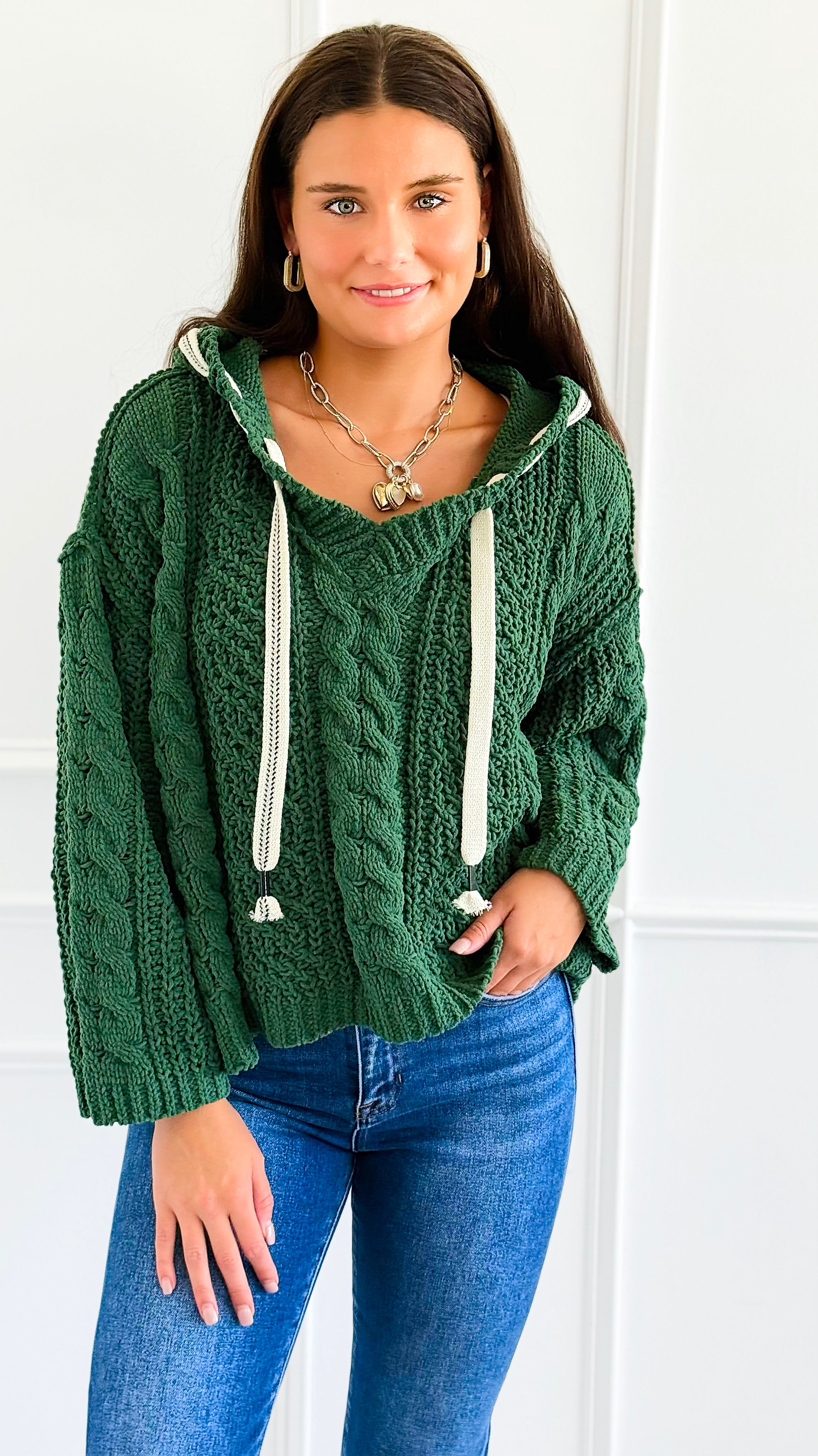 Seaside Breeze Hooded Chenille Sweater - Dark Green-140 Sweaters-Zenana-Coastal Bloom Boutique, find the trendiest versions of the popular styles and looks Located in Indialantic, FL
