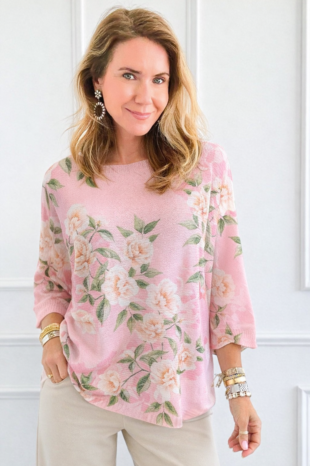 Spring Romance Rose St Tropez Short Sleeve Sweater- Pink