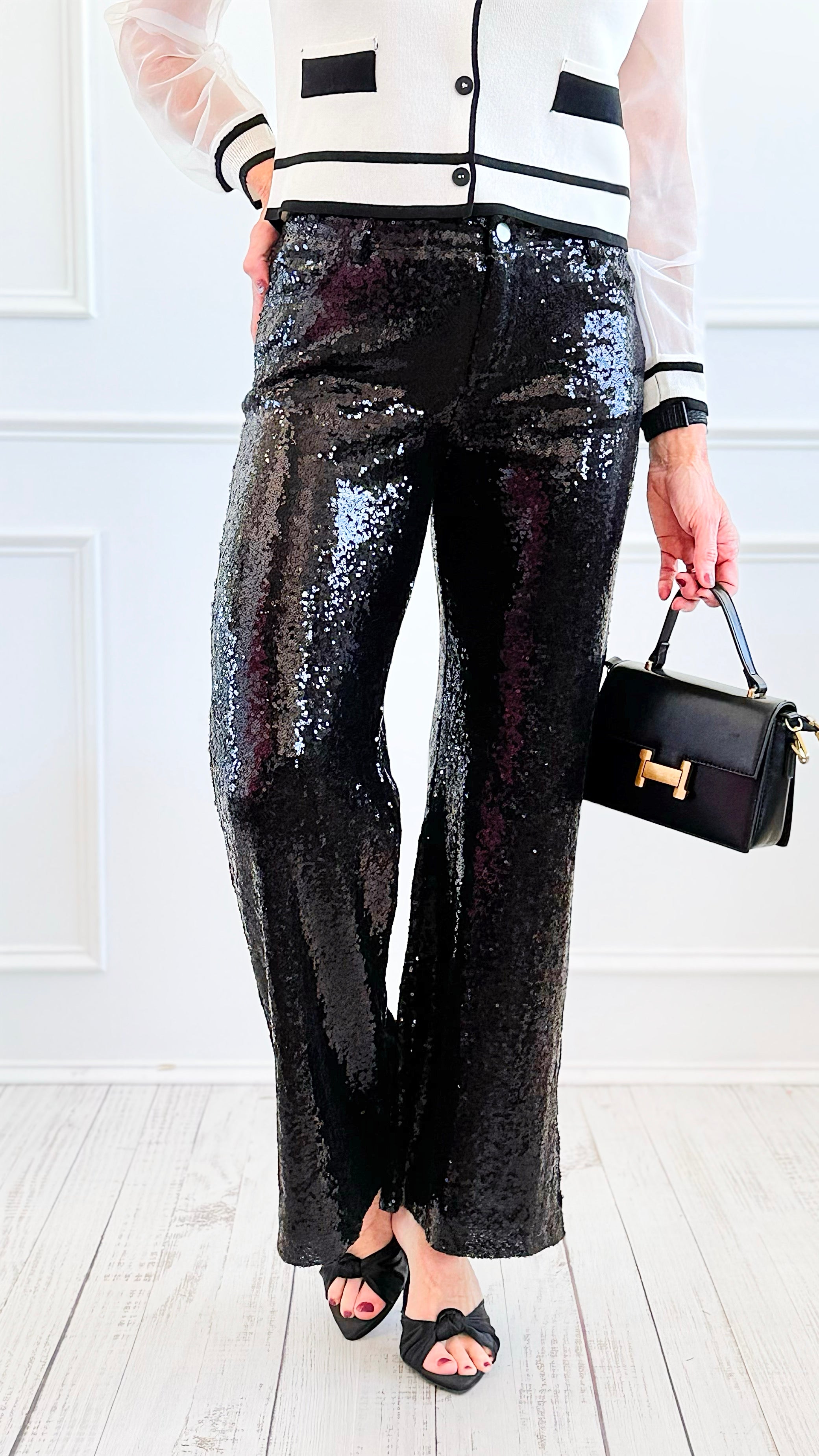 Boujie Holiday Sequin Flare Pants - Black-100 Pants-SO ME-Coastal Bloom Boutique, find the trendiest versions of the popular styles and looks Located in Indialantic, FL
