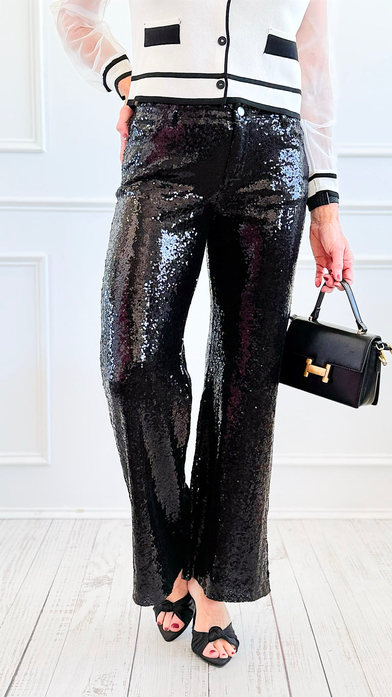 Boujie Holiday Sequin Flare Pants - Black-100 Pants-SO ME-Coastal Bloom Boutique, find the trendiest versions of the popular styles and looks Located in Indialantic, FL