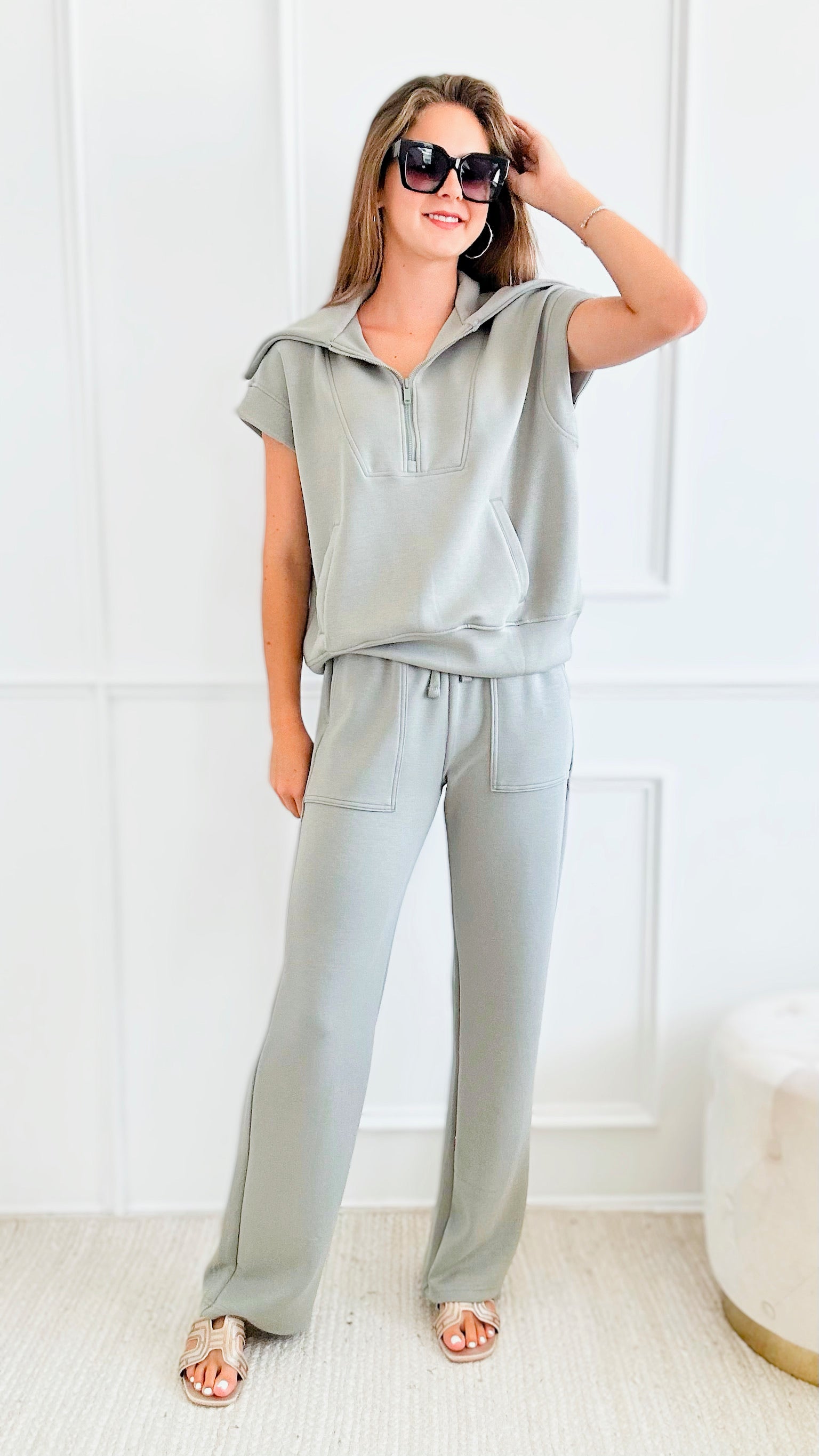 On the Go Quarter Zip Short Sleeve Set - Dusty Sage-110 Short Sleeve Tops-Rae Mode-Coastal Bloom Boutique, find the trendiest versions of the popular styles and looks Located in Indialantic, FL