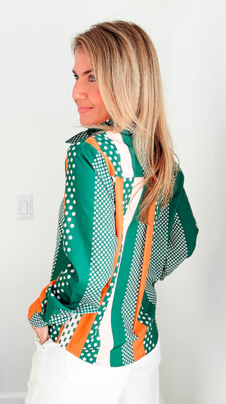 Mixed Dot Stripe Button Blouse Top