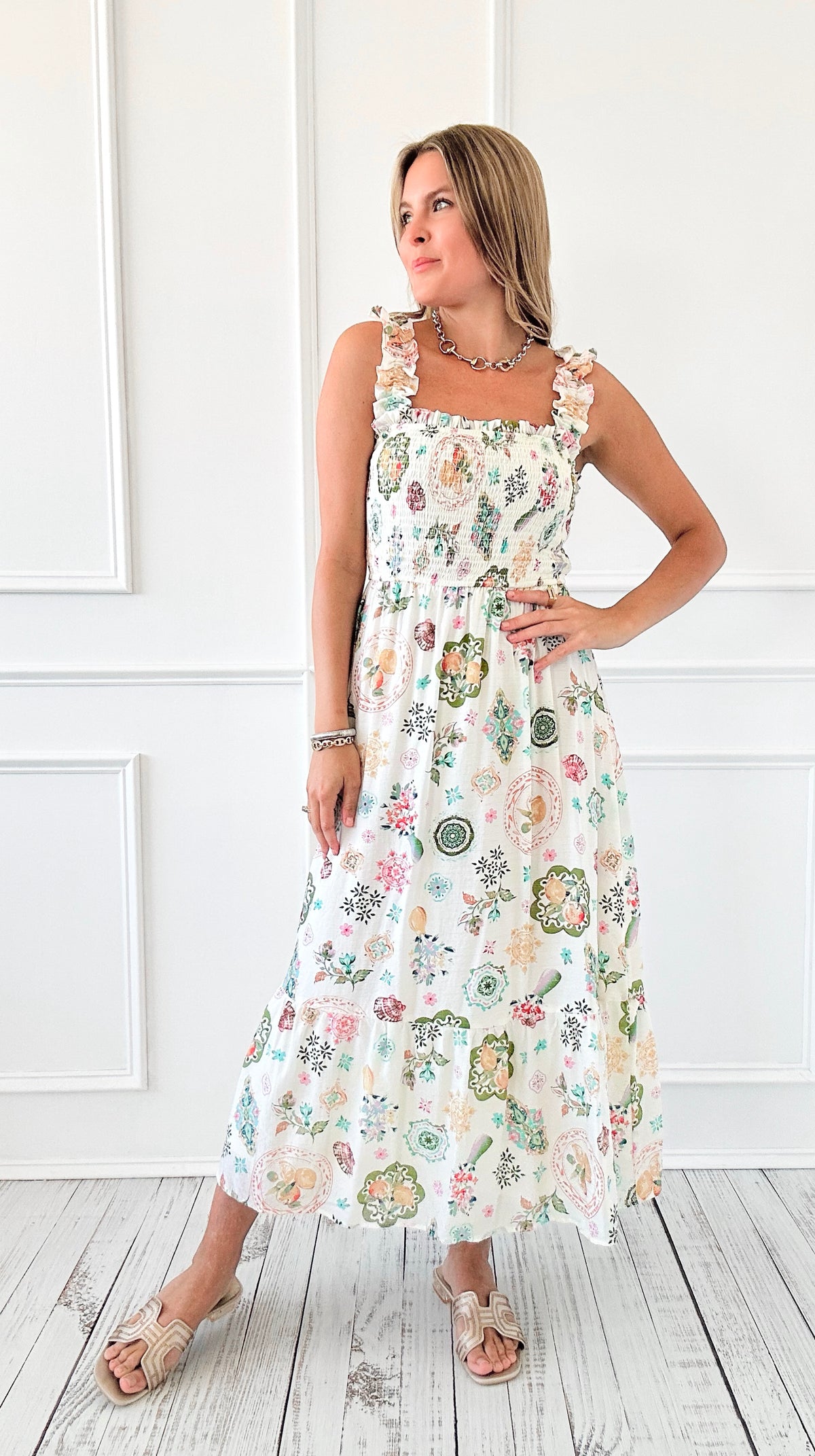 Seaside Mosaic Smocked Dress-200 Dresses/Jumpsuits/Rompers-Blu Pepper-Coastal Bloom Boutique, find the trendiest versions of the popular styles and looks Located in Indialantic, FL