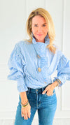 Blue Belle Italian Woven Blouse-110 Long Sleeve Tops-TATTOO Z-Coastal Bloom Boutique, find the trendiest versions of the popular styles and looks Located in Indialantic, FL