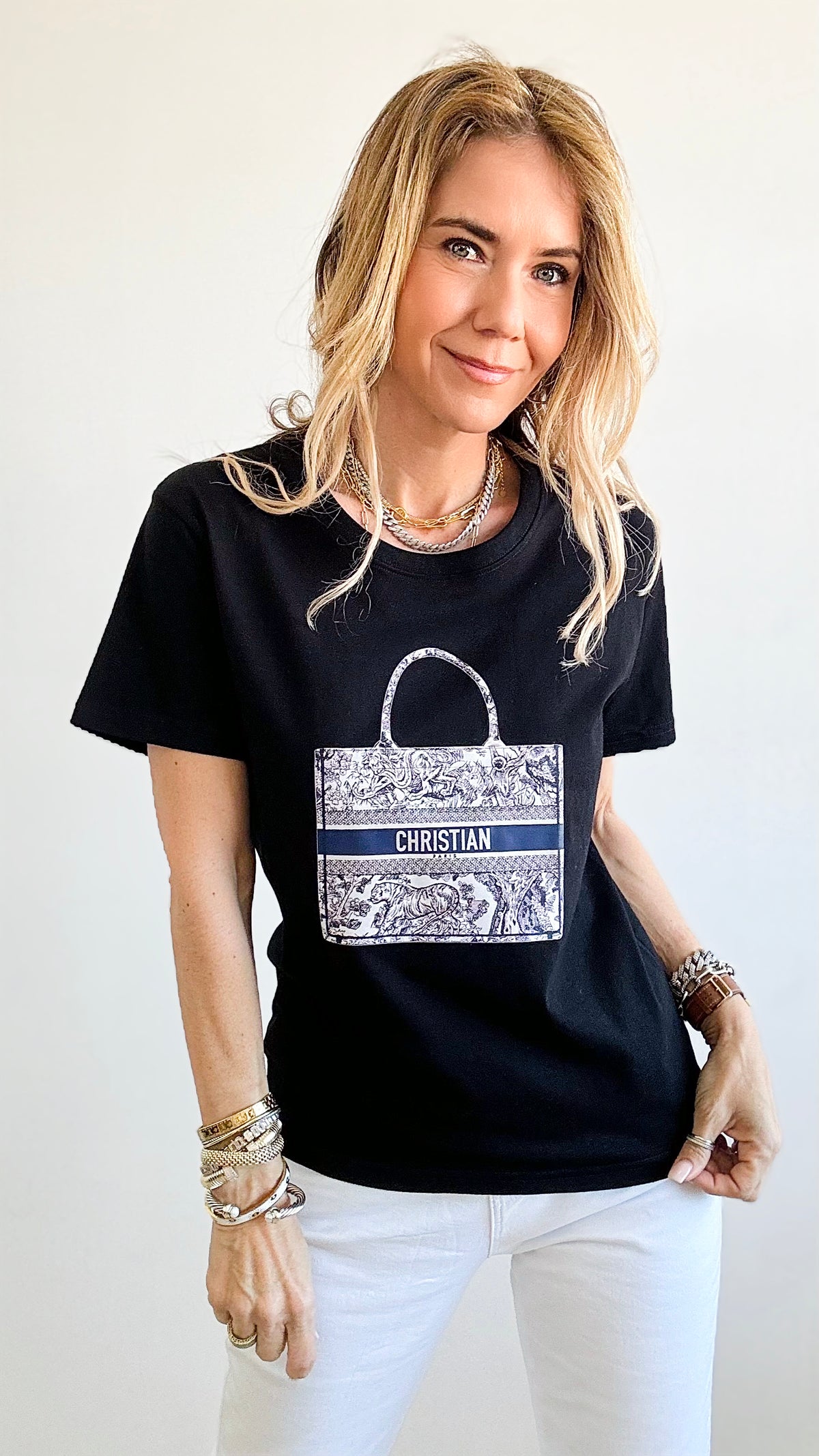 Adorable Toile Bag Print T-Shirt - Black-110 Short Sleeve Tops-CBALY-Coastal Bloom Boutique, find the trendiest versions of the popular styles and looks Located in Indialantic, FL