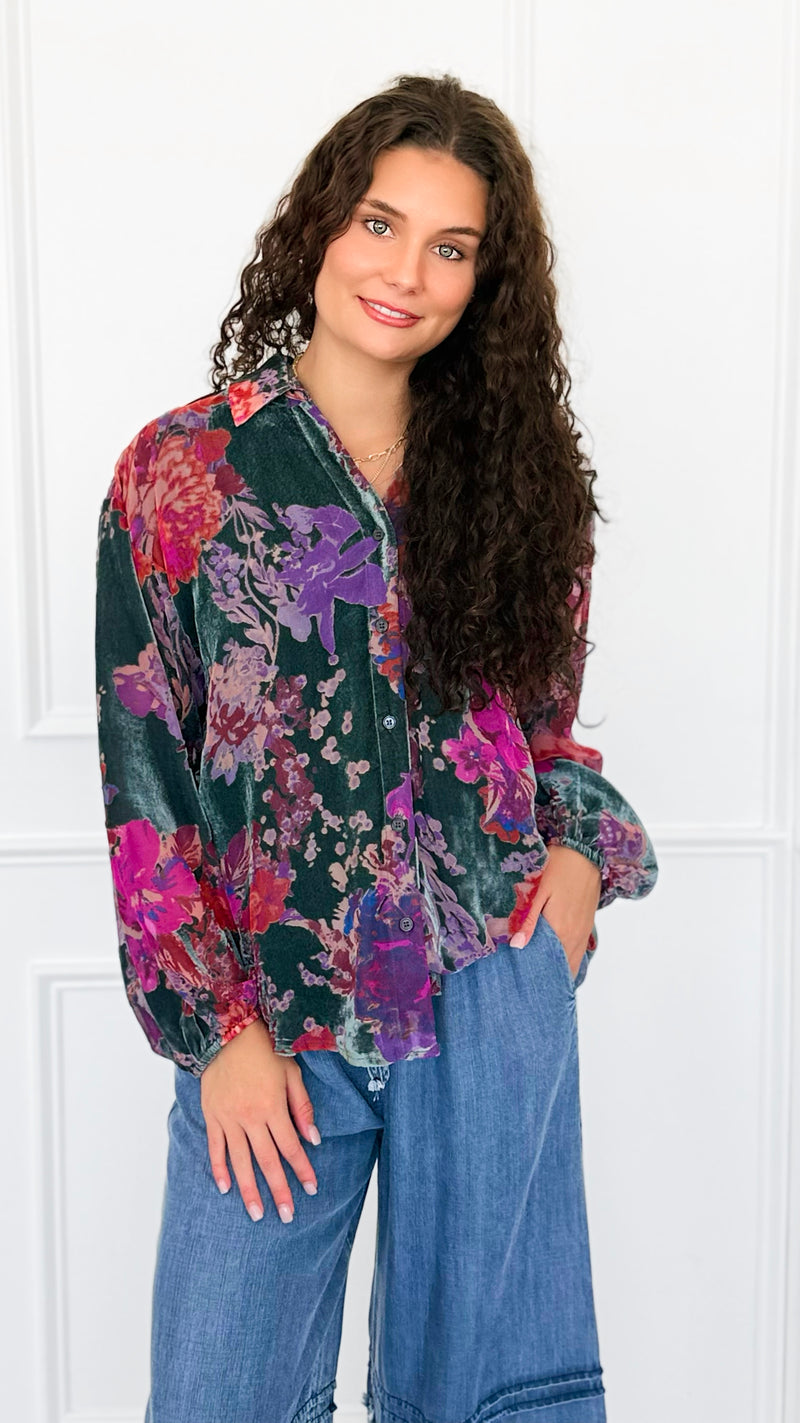 Velvet Bloom Button Down Top-130 Long Sleeve Tops-Jodifl-Coastal Bloom Boutique, find the trendiest versions of the popular styles and looks Located in Indialantic, FL